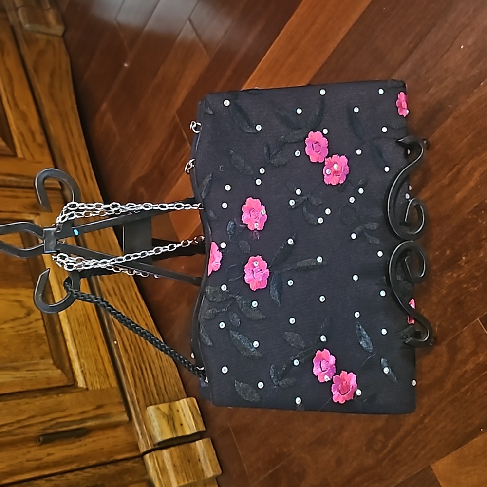 Nina New York, Embroidered Hot Pink & Black Sparkle Purse, two strap options - Picture 3 of 3